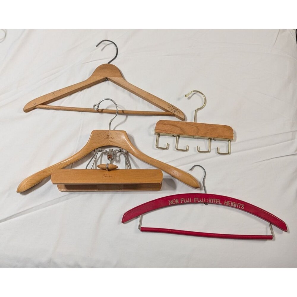 Vintage Wooden Hangers Set 4 Sears Fairy New Fuji Hotel Multi-Use